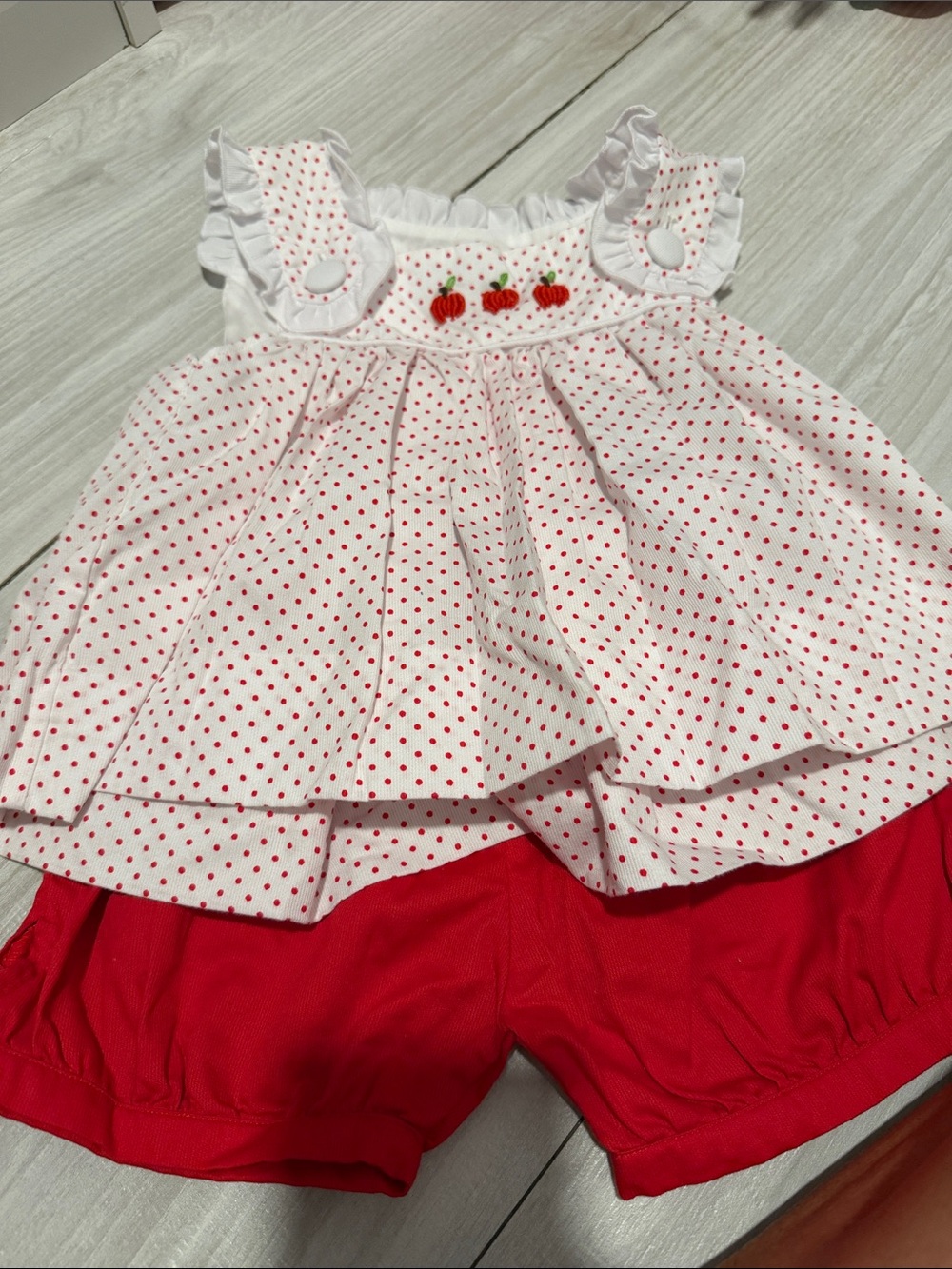Nora James Girl's Red Polka Dot Two-Piece Set with Embroidered Apples